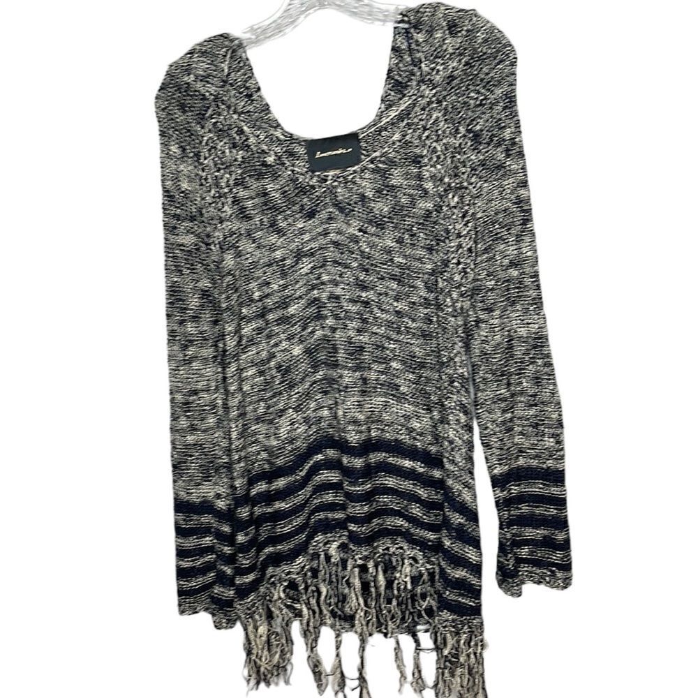 Lovemarks Oversized Black/Cream Hoodie Fringe Sweater. Size Small.